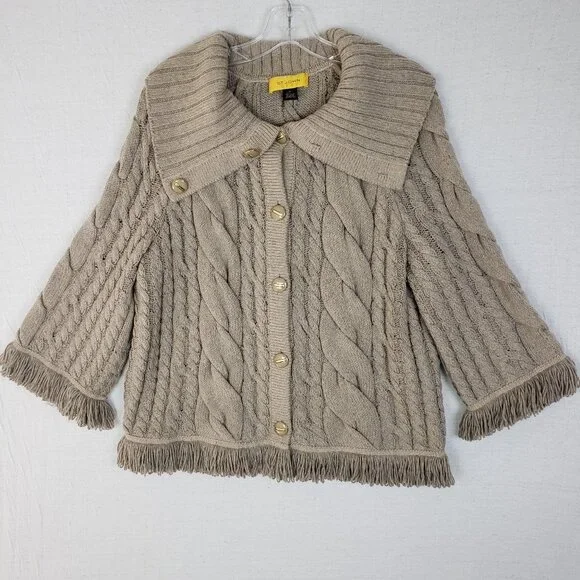 ST. JOHN Wool Blend Sweater Cardigan Fringe Soft Cable Knit Taupe Gray size M - Picture 2 of 15